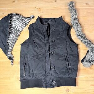 Hurley Y2K Womens Black Quilted Puffer Vest Removable Hood Faux Fur Trim Small